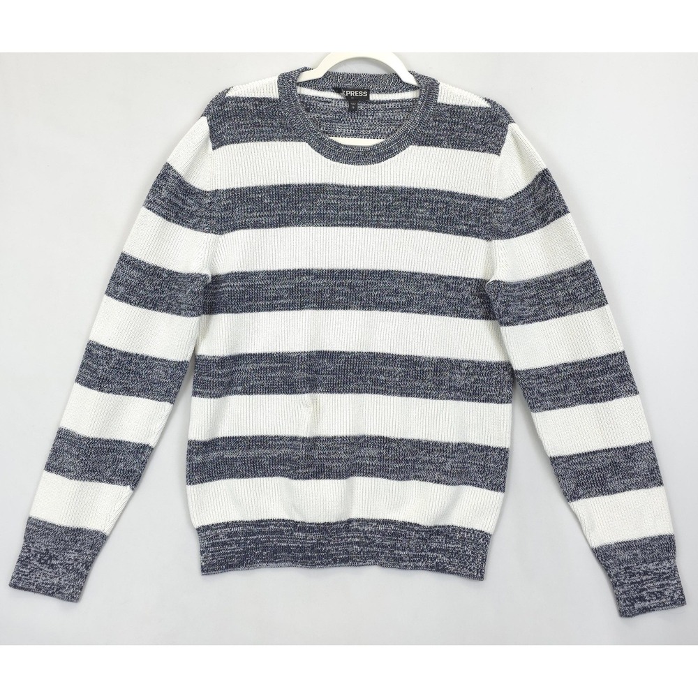 Express Sweater Men L Blue White Striped Crewneck Pullover Cotton Casual Classic
